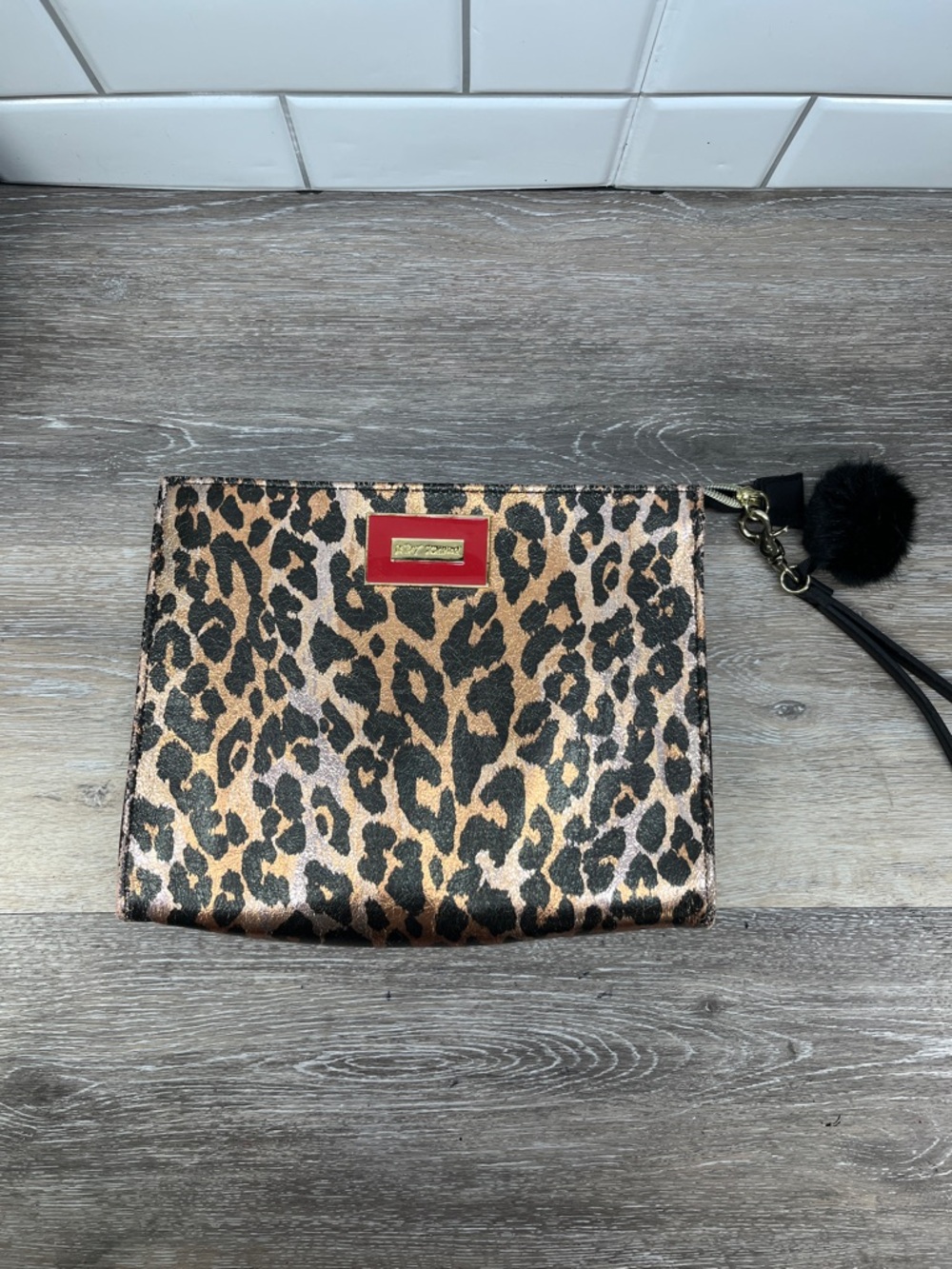 Betsy Johnson Leopard Print Wristlet Clutch - Tan & Black